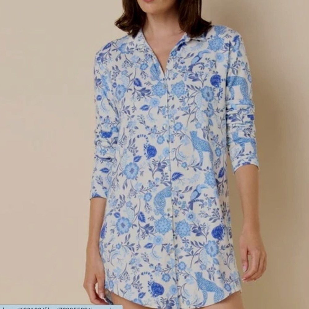 The Cat's Pajamas Blue Chinoiserie Animal Print Pima Cotton Modal Nightshirt S